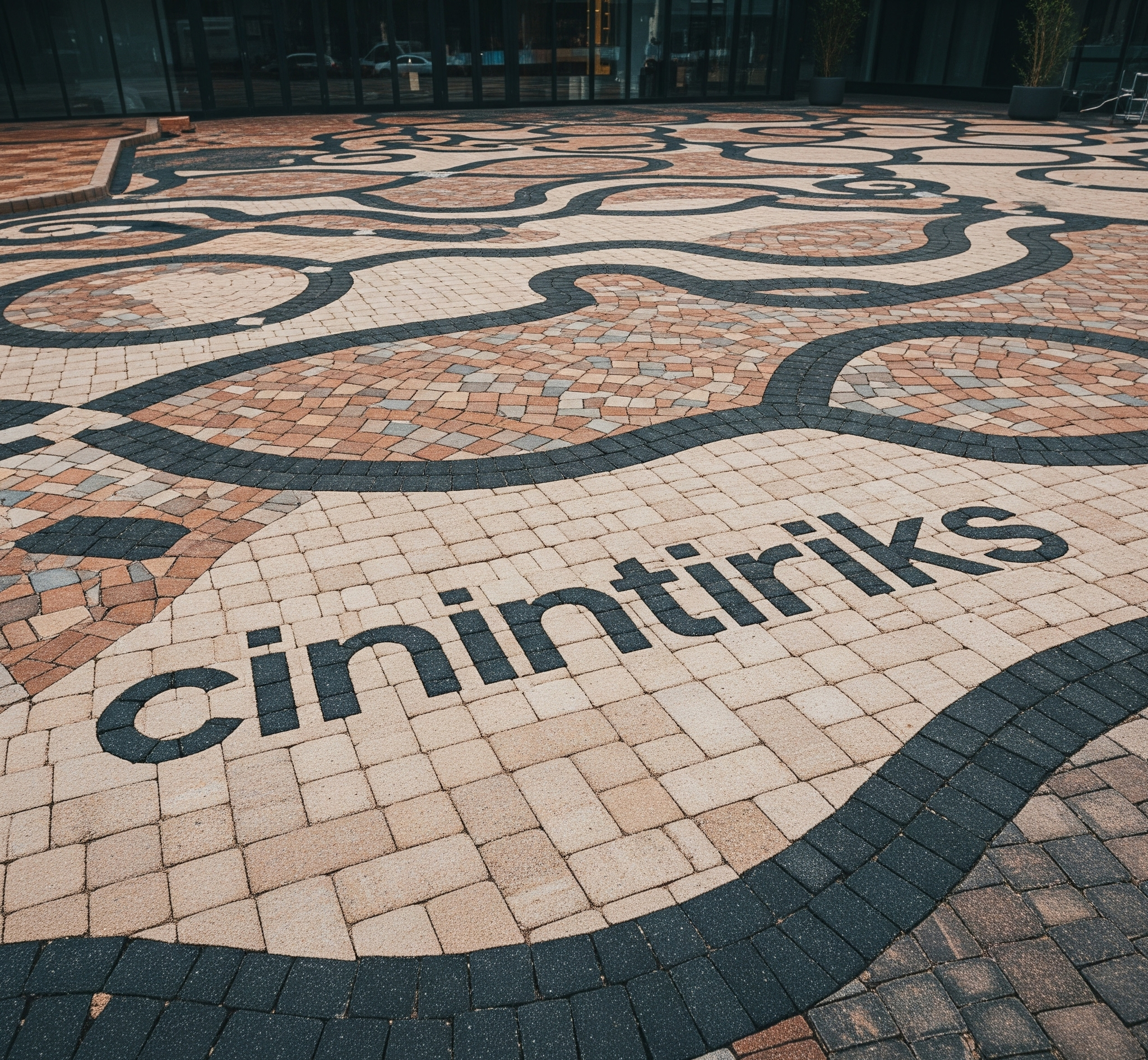 A company logo inlaid in paving stones at an entrance